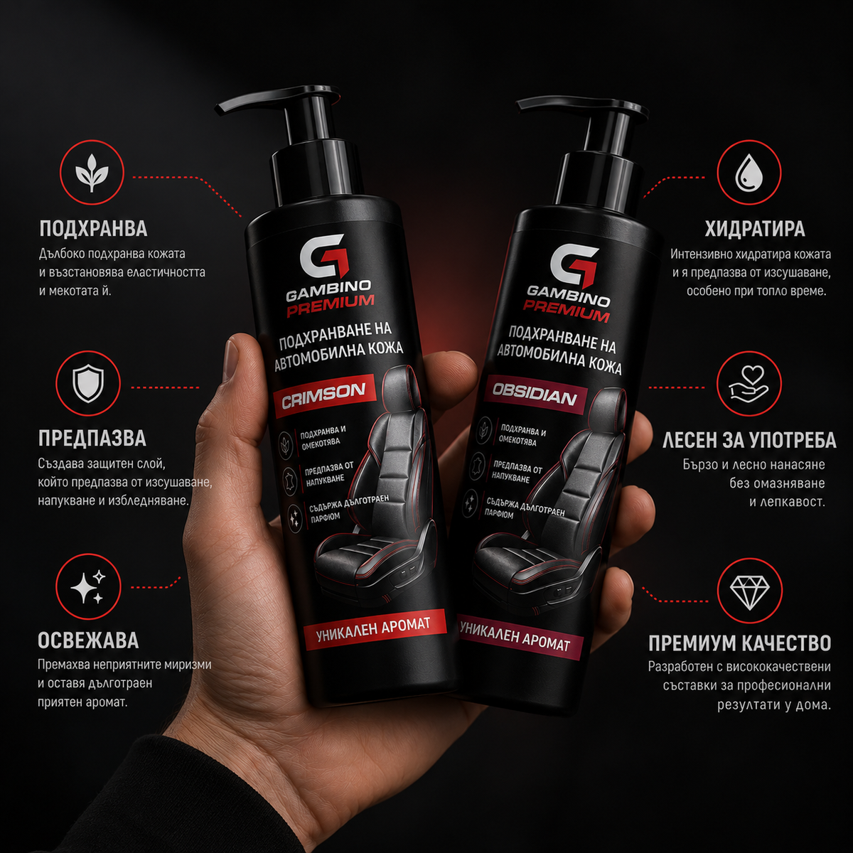 Gambino Premium – Подхранване за автомобилна кожа с парфюмен аромат